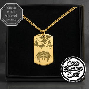 Botanical Spider Engraved Tag Necklace - Custom Personalised Message Option - Stainless Steel Polished Or 18k Gold Plated