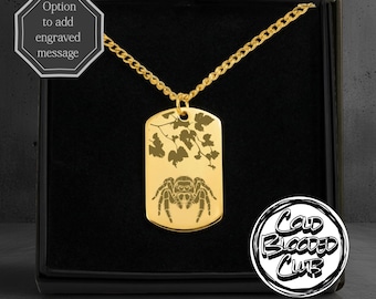 Botanical Spider Engraved Tag Necklace - Custom Personalised Message Option - Stainless Steel Polished Or 18k Gold Plated