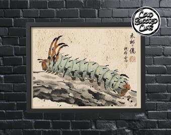 Vintage japanischer Hickory gehörnter Teufel Raupe Print | Insekt Wand Dekor | Umweltfreundliche Kunst