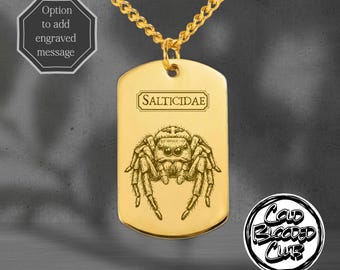 Salticidae - Jumping Spider Engraved Tag Necklace -Custom Personalised Message Option - Stainless Steel Polished Or 18k Gold Plated