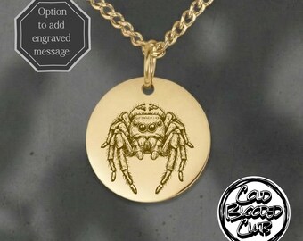 Jumping Spider Engraved Coin Necklace -Custom Personalised Message Option - Stainless Steel Polished Or 18k Gold Plated