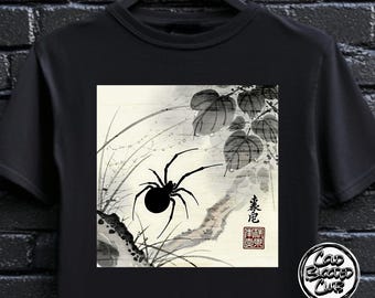 Unisex Black Widow Spider T-Shirt – Japanese Ink Art Arachnid Tee | Gothic Nature Aesthetic Gift