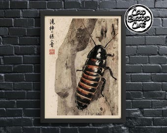 Vintage Japanischer Stil Madagaskar Fauchende Schabe Druck | Insekten Wandkunst | Umweltfreundliche Fine Art