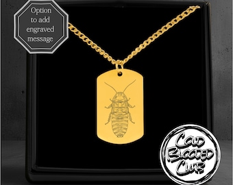 Madagaskar zischende Schabe Gravur Tag Halskette - Option für personalisierte Nachricht - Edelstahl poliert oder 18k vergoldet