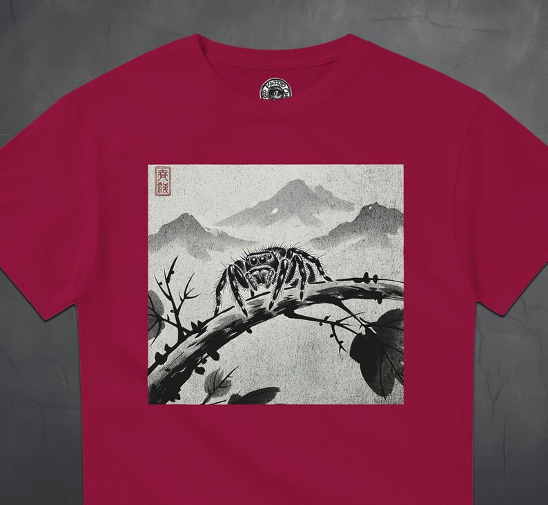 Hoppande spindel T-shirt - japansk bläckstil - gotisk natur T-shirt - läskig söt estetik - present till spindelälskare bild 5