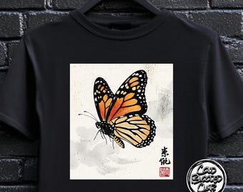 Monarkfjäril T-shirt - Japansk bläckstil natur T-shirt - Minimalistisk gåva för naturälskare