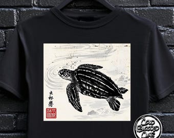 Unisex havssköldpadda-T-shirt - japansk bläckkonst-T-shirt, unik havsdjursgåva