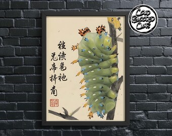 Vintage japanische Cecropia Motte Raupe Print | Insekt Wand Dekor | Umweltfreundliche Kunst