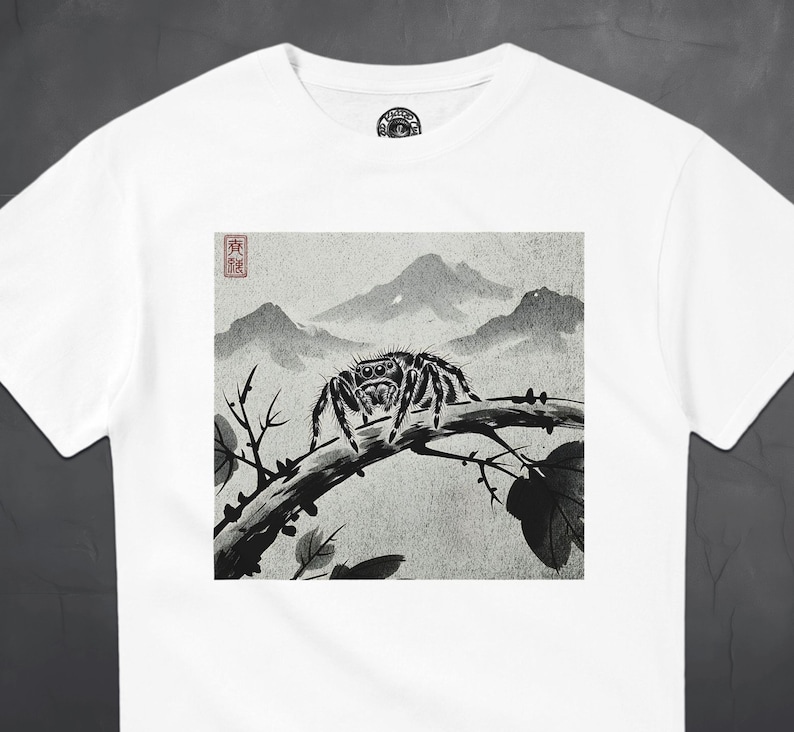 Hoppande spindel T-shirt - japansk bläckstil - gotisk natur T-shirt - läskig söt estetik - present till spindelälskare bild 4