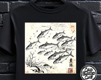 Japanisches Fisch T-Shirt - Ukiyo-e Makrelen Art Tee - Vintage Ozean Grafik - Minimalistisches Fischer Geschenk