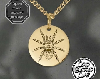 Tarantula Coin Necklace • Engraved Spider Pendant • Personalized Entomology Gift • Round Gold Charm • Minimalist Arachnid Jewelry • Pet