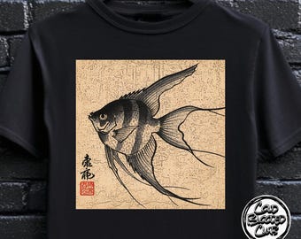Ängelfiskkonst T-shirt - Unisex vintage japansk stil fiskgrafik T-shirt present till honom eller henne