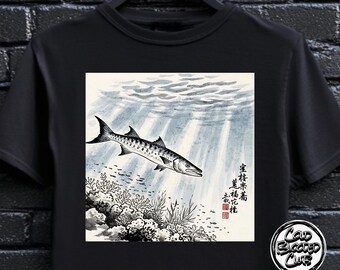 Japansk bläckkonst Barracuda T-shirt - Minimalistisk havsgrafik T-shirt för havslivsälskare