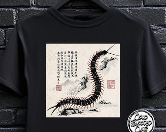 Unisex Centipede Art T-shirt - Vintage bläckmålning T-shirt - Unik asiatisk estetisk grafisk T-shirt