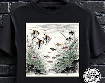 Aquarium Angel Fish T-Shirt - Colorful Ukiyo-e Art Tee - Gift for Fish Lovers