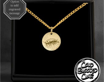 Giant Isopod Engraved Coin Necklace -Custom Personalised Message Option - Stainless Steel Polished Or 18k Gold Plated