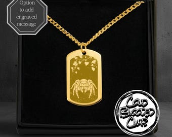 Jumping Spider Engraved Tag Necklace - Custom Personalised Message Option - Stainless Steel Polished Or 18k Gold Plated