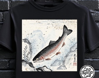 Unisex japansk konststil öring-T-shirt | Regnbågsfiskegrafik-T-shirt | Utomhuspresent till honom och henne