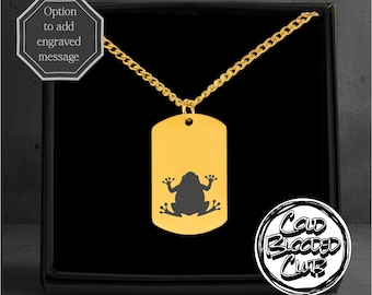 Frosch Gravur Tag Halskette - Option für personalisierte Nachricht - Edelstahl poliert oder 18k vergoldet