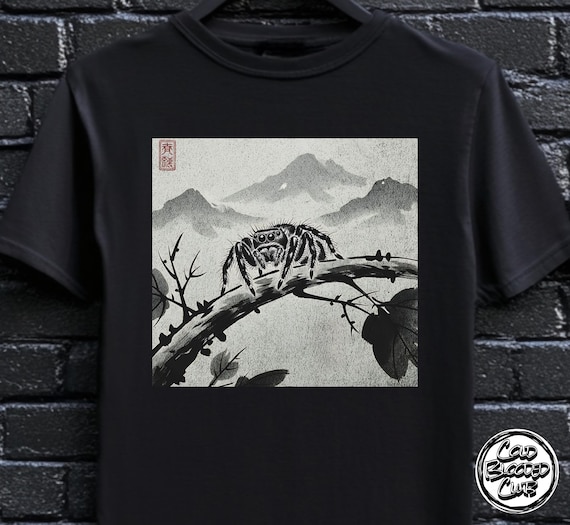 Jumping Spider T-Shirt - Japanese Ink Style - Gothic Nature Tee - Creepy Cute Aesthetic - Gift for Spider Lovers