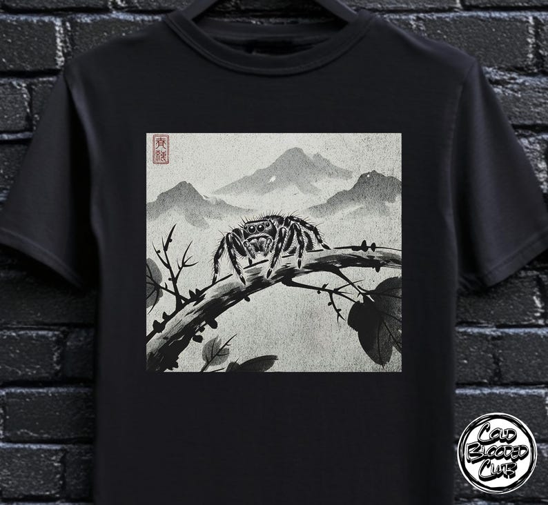 Hoppande spindel T-shirt - japansk bläckstil - gotisk natur T-shirt - läskig söt estetik - present till spindelälskare bild 1