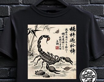Japansk skorpionkonst-T-shirt | Unisex grafisk T-shirt med Kanji | Mörk estetisk tatueringsstil