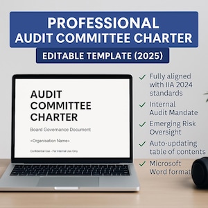Puede incluir: Una computadora portátil muestra un documento "AUDIT COMMITTEE CHARTER". La pantalla muestra el título, "Board Governance Document", y otro texto. Encima de la computadora portátil hay una pancarta azul con el texto "PROFESSIONAL AUDIT COMMITTEE CHARTER" y "EDITABLE TEMPLATE (2025)."