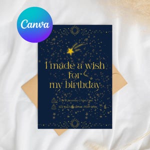 Op de afbeelding: Een marineblauwe verjaardagsuitnodiging met gouden tekst en hemelse illustraties. De tekst luidt "I made a wish for my birthday." Extra details zijn de datum, tijd en RSVP-informatie. Een Canva-logo staat in de linkerbovenhoek.