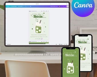 Matcha Birthday Invitation | Editable Matcha Party Invite | Canva Template