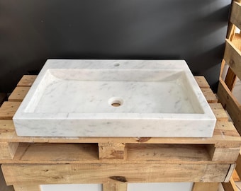 Carrara Marble Wall Mount Sink, Handmade White Luxury Vanity, Rectangular Powder Room Basin