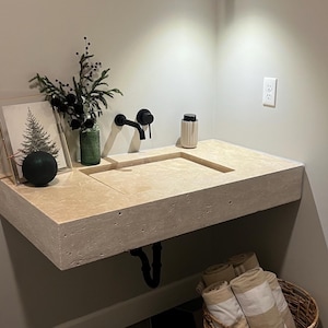 Infinity Pool Wall Mount Travertine Sink, Rustic Handmade Hidden Drain Basin, Natural Finish