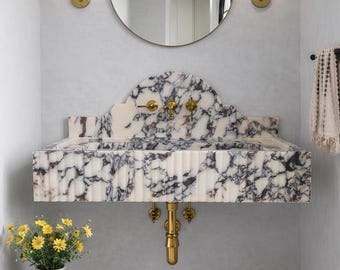 Lavabo da parete in marmo Calacatta Viola con paraschizzi, elegante lavabo piccolo per bagno di servizio