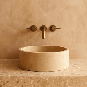 Handmade Round Travertine Vessel Sink, Rustic Farmhouse Bathroom Vanity, Ready to Ship