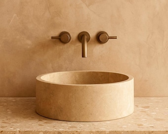 Travertine Round Vessel Sink, Farmhouse Bathroom Washbasin, Powder Room Vanity Countertop Small Basin