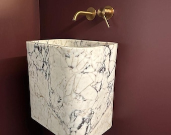 Calacatta Viola Marble Wall Mount Sink, Handmade Luxury Powder Room Vanity Small Square Basin