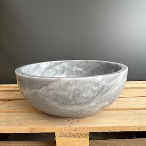Grey Marble Handmade Vessel Sink, Small Farmhouse Countertop Vanity for Powder Room, Polished Round Custom Natural Stone Sink, Ready to Ship