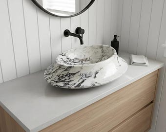Calacatta Viola Marble Vessel Sink, Elegant Powder Room Vanity Basin, Small Washbasin, Golden Veins