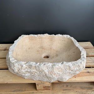 Travertine Vessel Sink, Handmade Natural Stone Basin, Rustic Bathroom Vanity, Split Face Irregular Shape Travertine Sink, Ready to Ship