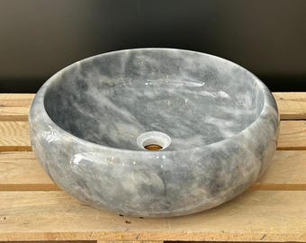 Gray Marble Vessel Sink, 16.5" Round Farmhouse Vanity, Small Bathroom Basin