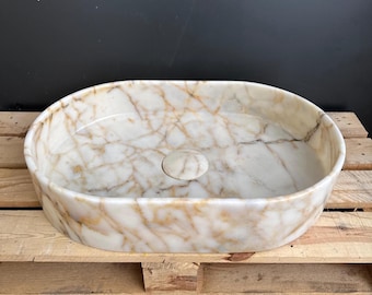 Handmade Oval Calacatta Gold Marble Sink, Luxury Countertop Basin, Hidden Drain & Gold Veins