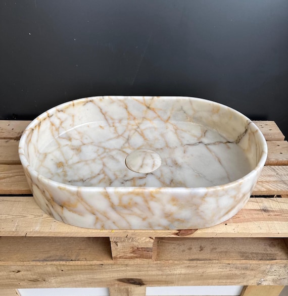 Handmade Oval Calacatta Gold Marble Sink, Luxury Countertop Basin, Hidden Drain & Gold Veins