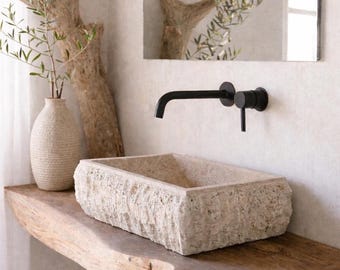 Handmade Small Travertine Bathroom Sink, Chiseled Rustic Farmhouse Vanity