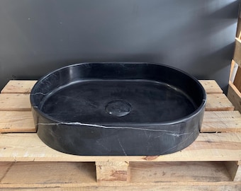Handcrafted Nero Marquina Marble Sink, Black Stone Vessel Basin with Hidden Drain, Luxury Vanity