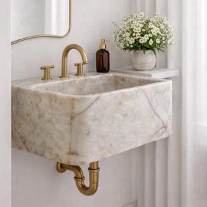 Calacatta Gold Marble Wall Mount Sink Luxury Powder Room Vanity, Farmhouse Rectangular Washbasin image 1