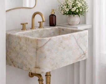 Calacatta Gold Marble Wall Mount Sink Luxury Powder Room Vanity,  Farmhouse Rectangular Washbasin