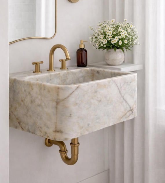 Calacatta Gold Marble Wall Mount Sink Luxury Powder Room Vanity,  Farmhouse Rectangular Washbasin
