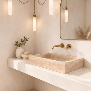 Travertine Vessel Sink, Farmhouse Rectangular Stone Washbasin, Powder Room Vanity Small Basin