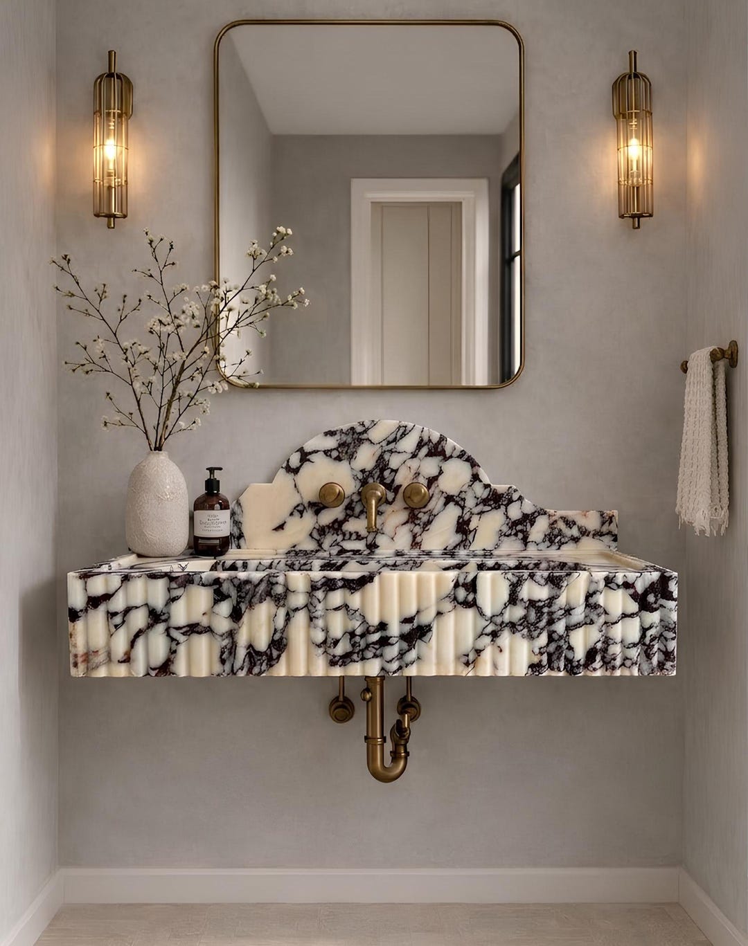 Calacatta Viola Wall Mount Marble Sink With Backsplash, Luxury Powder ...