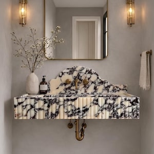 Calacatta Viola Wall Mount Marble Sink with Backsplash, Luxury Powder Room Vanity Basin