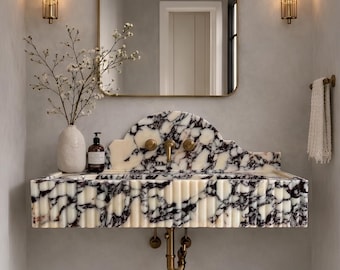 Calacatta Viola Wall Mount Marble Sink with Backsplash, Luxury Powder Room Vanity Basin